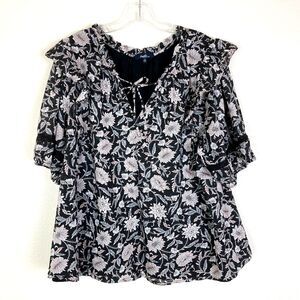 Angels Baby Doll Peasant Blouse Size 1X Black Pink Cotton Floral Ruffles Lace